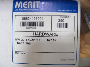 LOT TO INCLUDE: (750) MERIT MW-QC-4 ADAPTER, ARBORS, 1/4" DIA SIZE, FLAPPER WHEEL KIND, STL MATERIAL. 20 TPI, WITH 1/4" DIA SHANK, (267) MERIT CHANNEL NUTS. LOADING & HANDLING FEE $15-4209